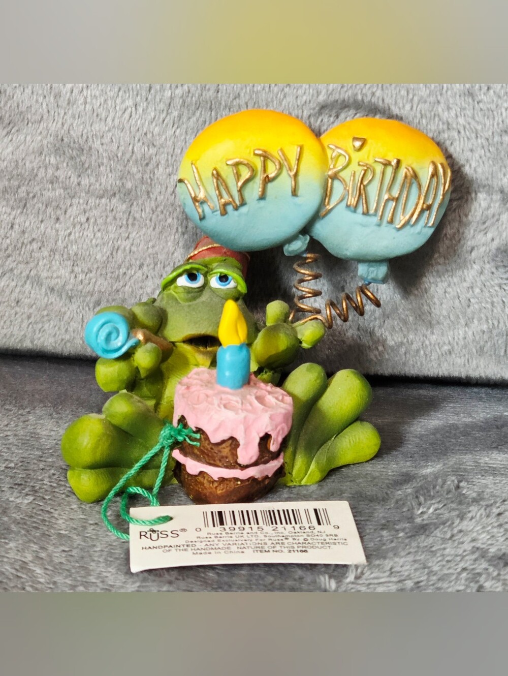 Russ Green Frog Birthday Figurine with Blue-Yellow Balloons